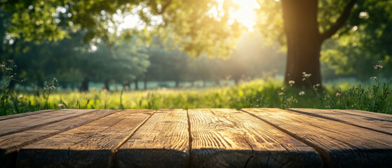 Sunlight filtering through green foliage and illuminating a wooden table creates harmony with nature, providing an excellent backdrop for eco-projects or outdoor events.