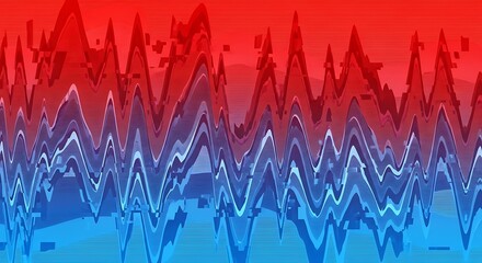 Abstract red and blue wavy lines with glitch effect, creating a dynamic and distorted visual experience with contrasting colors and jagged edges, no people