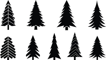 Set of black and white silhouette evergreen trees for christmas or winter