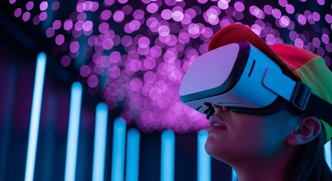 Young woman experiencing immersive virtual reality world with modern futuristic technology gaming entertainment