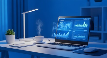 "Data-Driven Business Analytics on Laptop in Modern Blue-Lit Home Office for Strategic Insights."