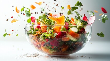 A vibrant mix of fresh vegetables in transparent dishes symbolises health and energy, ideal for creating an atmospheric backdrop for culinary blogs or healthy eating advertisements.