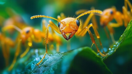 A close-up shot of ants on a green leaf demonstrates natural harmony, suitable for scientific publications or environmental projects as a natural background.