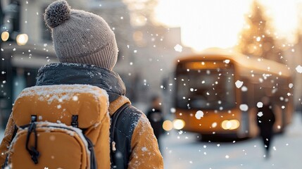 A person wearing a winter hat and backpack stands in the snow, waiting for the bus on a cold winter day.