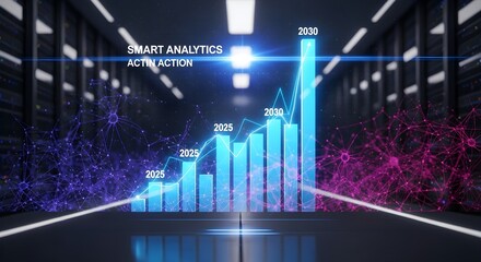 Smart Data Analytics & Business Growth: Futuristic Bar Chart in Server Room. Digital Transformation, AI & Future Tech Trends.