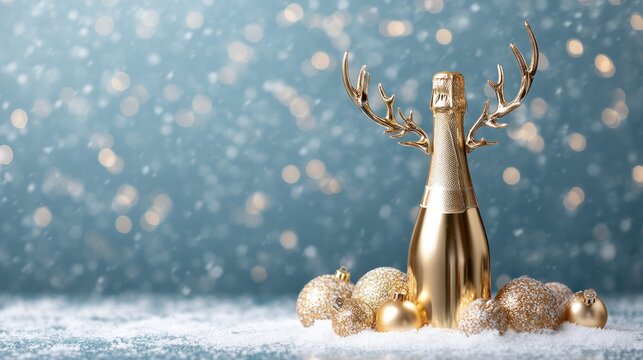 A gold champagne bottle with reindeer antlers on a blue background with snowflakes and Christmas ornaments. - Powered by Adobe