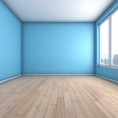 Empty Blue Room Interior with Wooden Floor and Window View