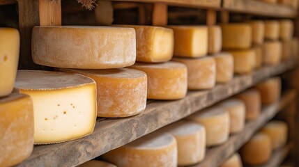 Aging Cheese Wheels on Wooden Shelves