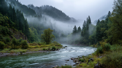 Scenic River Flowing Through Forest Mist