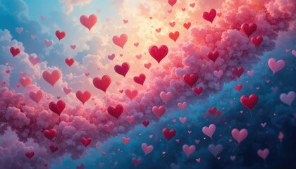 Romantic heart balloons floating amidst dreamy clouds of love and celebration