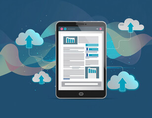 Data flowing from a tablet to the cloud. Conceptual illustration symbolizing cloud computing, digital data storage, mobile technology solutions. Use for tech, business.
