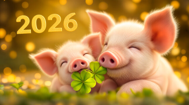 Neujahr 2026 Gl&uuml;cksschwein mit vierbl&auml;ttrigem Kleeblatt &ndash; zwei s&uuml;&szlig;e Ferkel vor goldenem Bokeh als festlicher Gru&szlig;