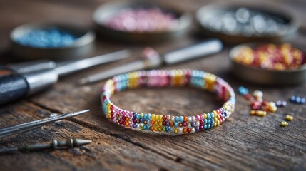 A colorful beaded bracelet sits on a rustic wooden surface surrounded by crafting tools and tiny, multi-colored beads