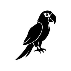Obraz premium A black silhouette illustration of a parrot perched, facing right, with a distinctive curved beak and detailed eye, isolated on a white background.