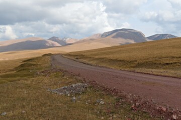 View of Moldo Too, a mountain range in the Inner Tian Shan. Naryn Region. Kyrgyzstan. Asia.