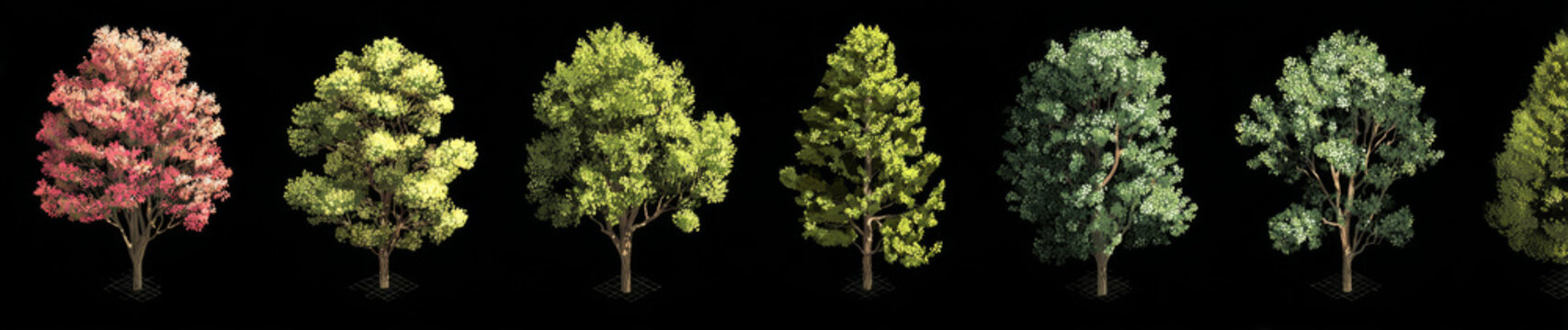 Isometric view of diverse tree species with varied foliage and trunk textures, rendered in a realistic style