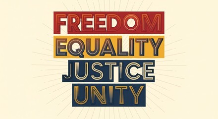 Obraz premium Bold inspirational typography poster featuring “Freedom,” “Equality,” “Justice,” and “Unity,” styled with civil-rights-inspired colors for educational and commemorative use.