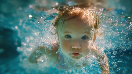 A young child explores underwater surrounded by bubbles in a sparkling pool. The sun reflects off the water creating a cheerful atmosphere as the child enjoys swimming.