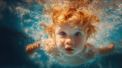 A young child with curly hair is submerged in a clear blue pool. The sunlight creates a sparkling effect on the water as the child looks curiously into the camera surrounded by bubbles.