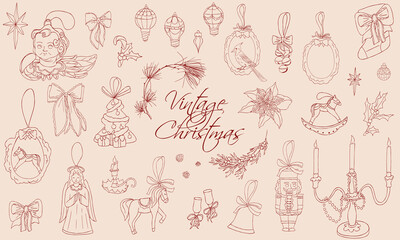 Whimsical vintage Christmas set with angels, toys, poinsettia, holly, candles, ornaments and festive elements in hand drawn contour coquette style. Vector illustration for invitation, stickers, cards