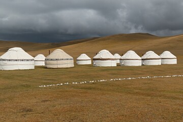 Yurt Camp Sary Bulun near Song Kul Lake in the Tian Shan Mountains. Naryn Region. Kyrgyzstan. Asia.