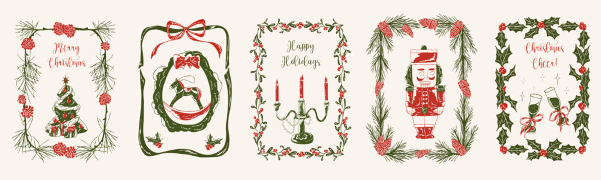 Set of vintage Christmas cards with tree, rocking horse, candles, nutcracker, holly and pine frames in whimsical hand drawn style. Vector illustration for holiday invitations, greeting cards