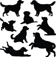 Collection of Dog Silhouettes in Various Poses, Black Vector Graphics of Golden Retriever or Similar Dogs, Set of Dogs Sitting, Standing, Jumping, and Lying Down, Canine Companion Poses Icon Pack.