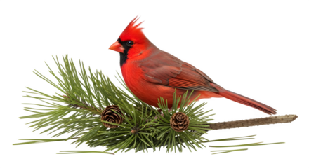 Male Cardinal Bird on Pine Branch with Cones