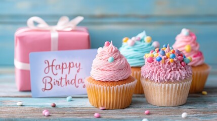 Four cupcakes with colorful frosting and sprinkles, one with a pink bow, on a rustic wooden table with a blue background.