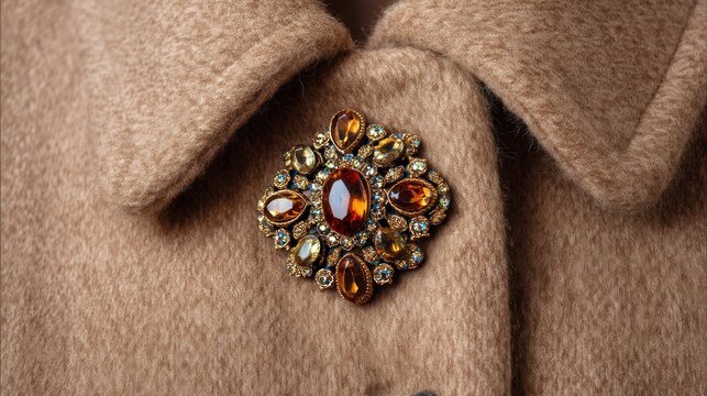 A vintage brooch with amber-colored stones on a beige woolen coat, with a brown collar and button, set against a light brown background.