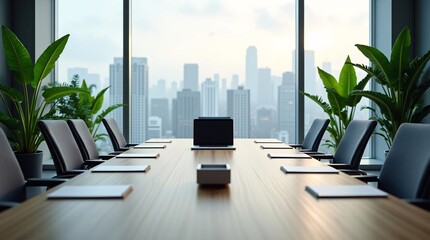 A modern conference room: long wood table, black chairs, a laptop + notebooks, large leafy plants, and city views through floor-to-ceiling windows.