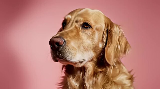 Golden Retriever dog curiously looks up at something with tail wagging gently, then makes direct eye contact with camera as if sharing secret or seeking attention, conveying playful.
