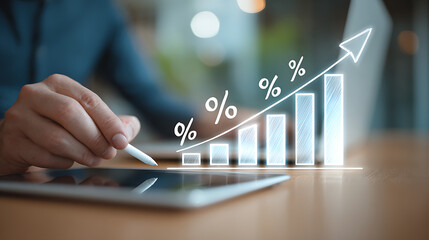 Person using stylus on tablet with glowing financial graph hand laptop