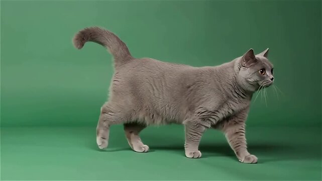 A short-haired gray cat on a vibrant green screen backdrop