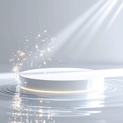 White circular podium, light rays, sparkling particles on rippled surface