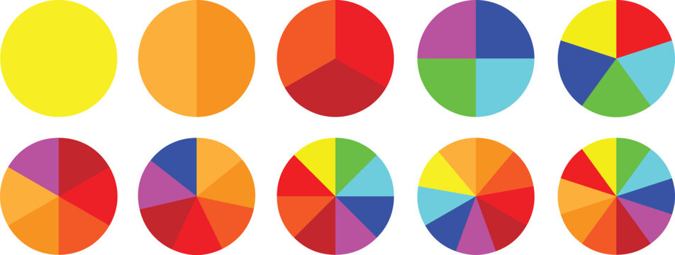 Pie chart color icons. Segment slice sign. Circle section graph. 1,2,3,4,5,6,7,8,9,10, segment infographic. Pie chart set. Wheel round diagram part symbol. Three phase, six circular cycle.