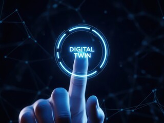Hand touching glowing blue circle interface with text digital twin on dark abstract network background
