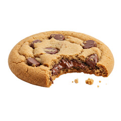 A perfectly baked, golden-brown chocolate chip cookie with a fresh bite revealing gooey melted chocolate, next to scattered crumbs, on a transparent background with copy space. Irresistible