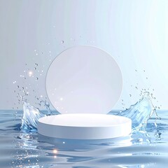 Empty white circular podium, water splash, light blue background