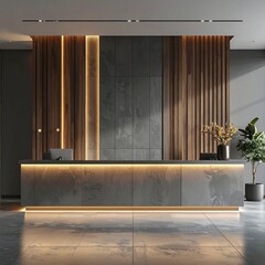 Modern lobby reception desk with wood and stone wall