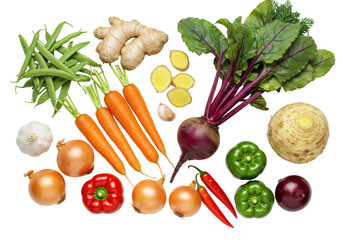 Vibrant flat lay of fresh, raw, organic vegetables: carrots, bell peppers, onions, ginger, garlic, on a white background with copy space, healthy food concept