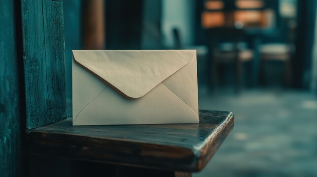 Beige envelope sits on rustic wood, blurry cafe background; communication concept