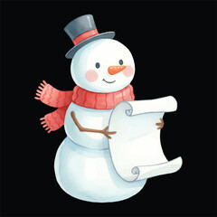 Cute snowman watercolor vector illustration as lawyer holding scroll isolated on black background
