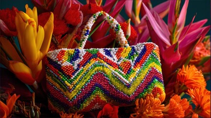 A colorful beaded bag with a zigzag pattern, surrounded by vibrant flowers in a lush, colorful arrangement.