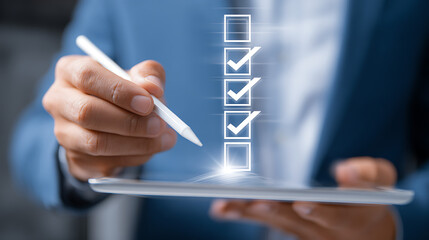 Person using stylus to check off items on digital list hand tablet