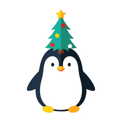 Cute cartoon penguin wearing a christmas tree as a hat with ornaments