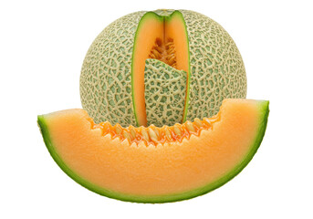 Bright orange cantaloupe wedge with glistening flesh, dark seeds, in sharp focus, whole melon blurred behind on transparent background, soft studio light, appetizing food concept
