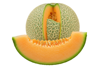 Bright orange cantaloupe wedge with glistening flesh, dark seeds, in sharp focus, whole melon blurred behind on transparent background, soft studio light, appetizing food concept