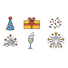 Collection of festive celebration icons including party hat gift fireworks and champagne glass