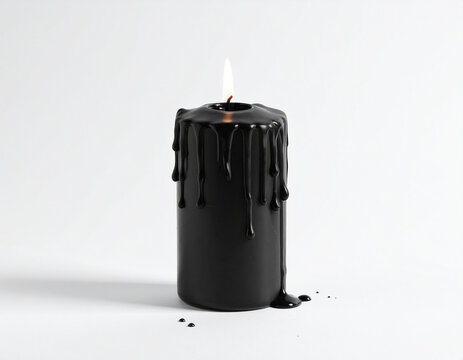 Black Candle with Dripping Wax on White Background (341